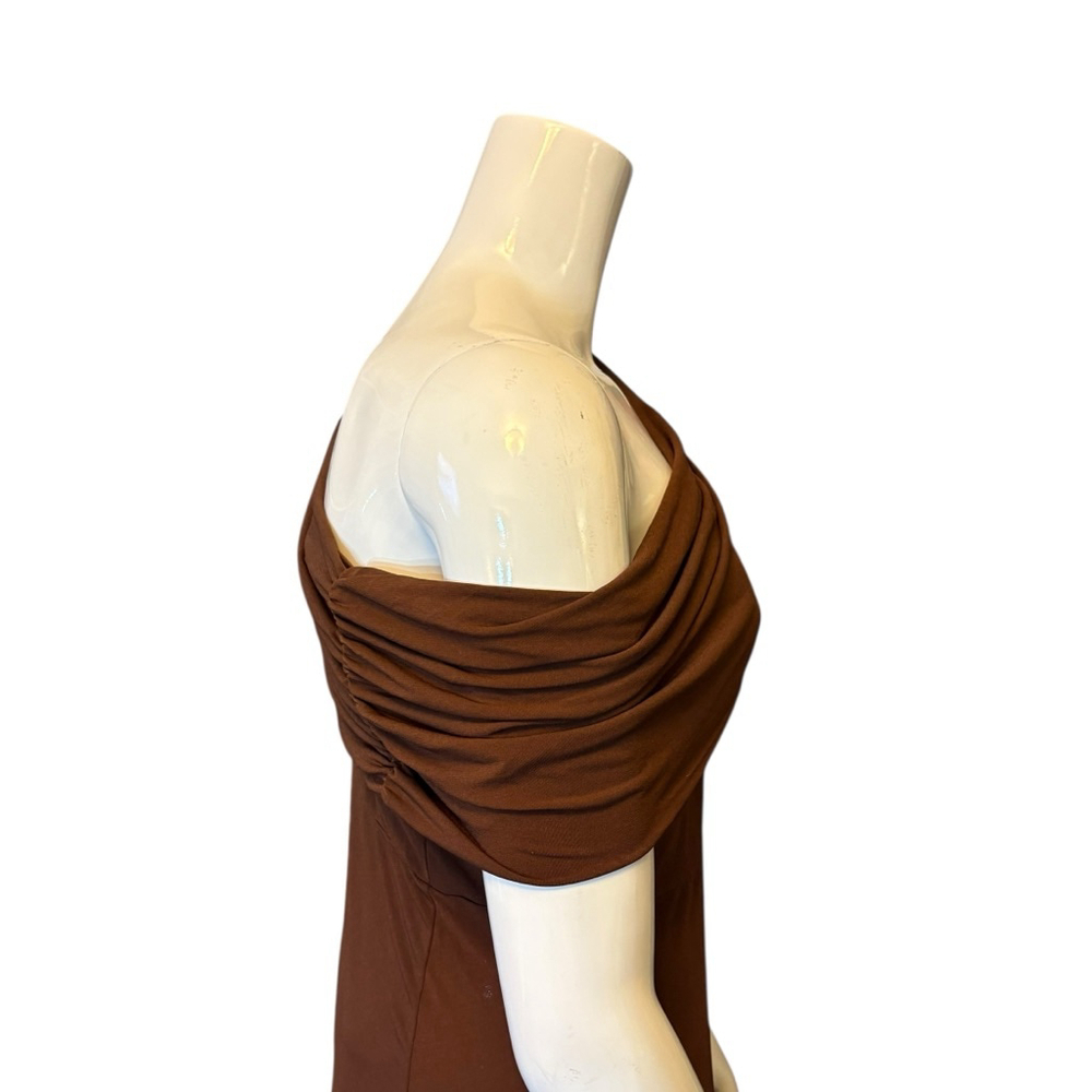 ELOQUII On or Off Shoulder Brown Maxi Dress Ruched Stretch Knit, Plus 18 - Picture 9 of 16
